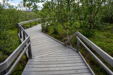 Obraz premium Wooden footbridge in Abisko river canyon in Abisko National Park, Sweden