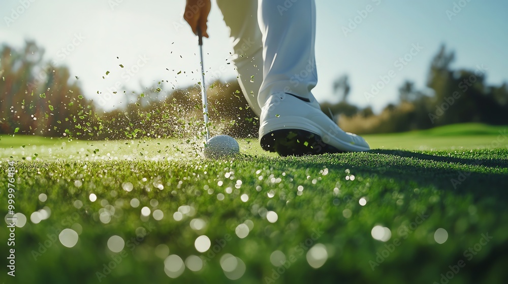 Sticker A golfer swings his club at a golf ball on the green.