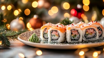 A whimsical winter sushi plate designed in a festive pattern, surrounded by glowing holiday lights and decorations