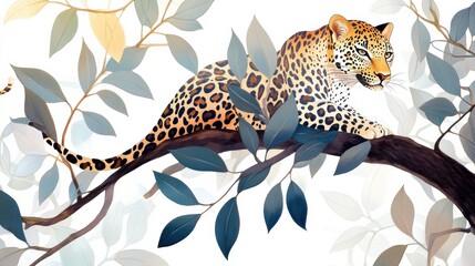Obraz premium Elegant Leopard Among Leaves on a Branch