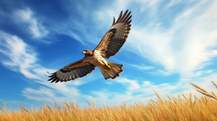Fototapeta premium Majestic Hawk in Flight Over Golden Wheat Field