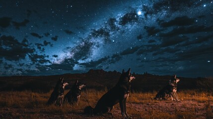 Dogs Under the Starry Night Sky in the Desert