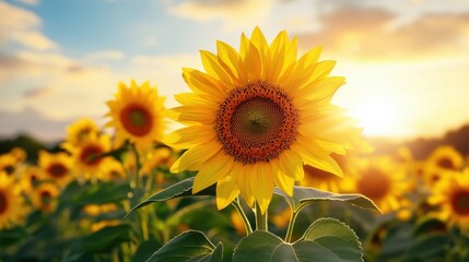 Obraz premium Vibrant sunflower in a field during golden hour.