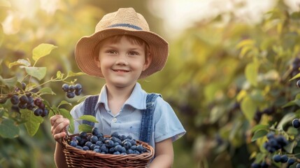 A beautiful little boy holding blueberry fruit in basket in plantation farm field