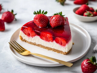 A slice of strawberry cheesecake on a white plate, with fresh strawberries and a clean background.  
