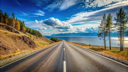 Fototapeta premium Highway road in the Baikal region to Olkhon Island Worm's Eye View