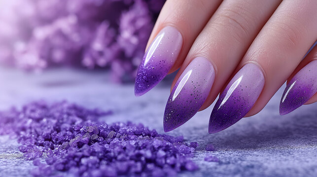 Hand with purple ombre stiletto nails and glitter on lavender background
