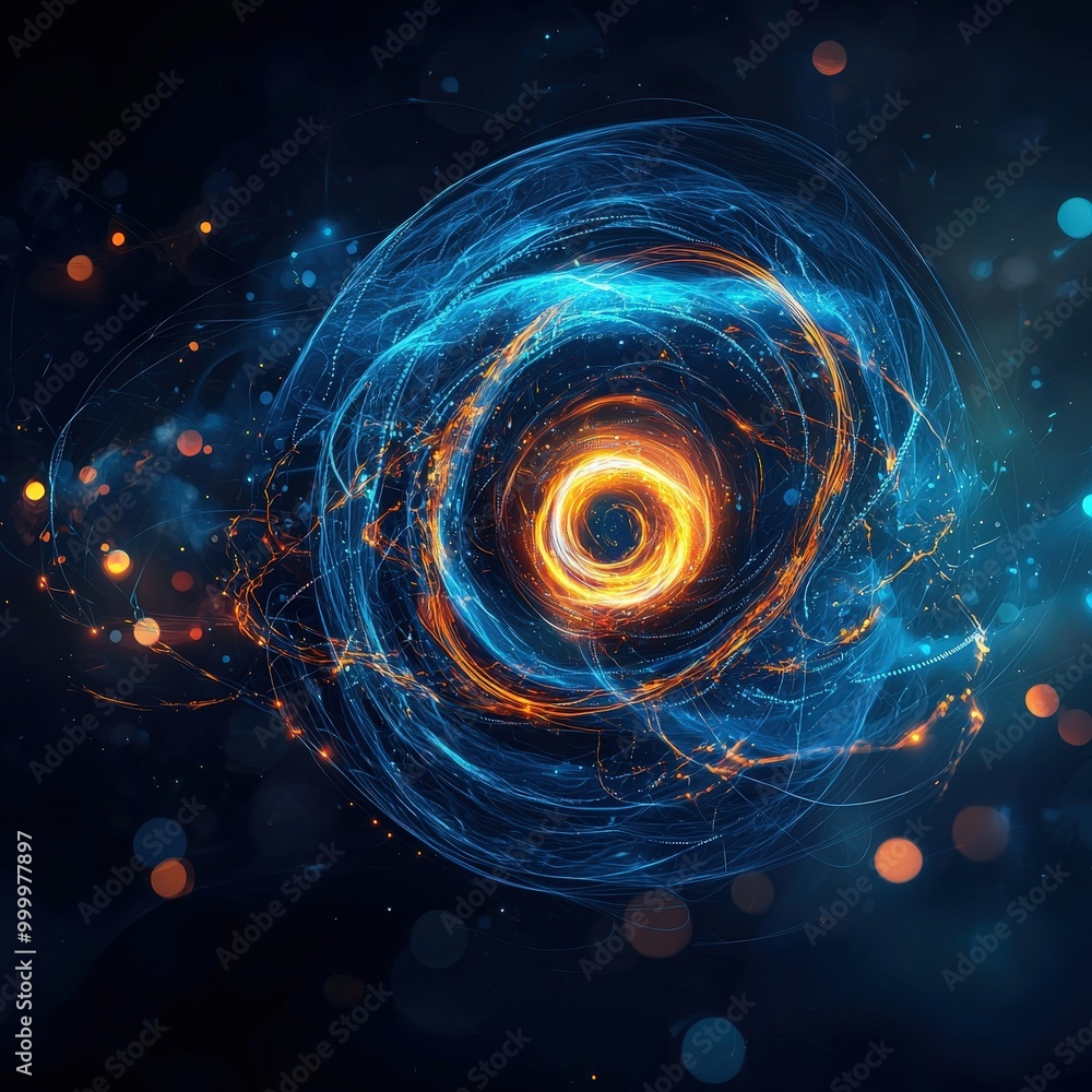 Poster a captivating abstract artwork featuring a swirling vortex of energy in vibrant blue and orange hues
