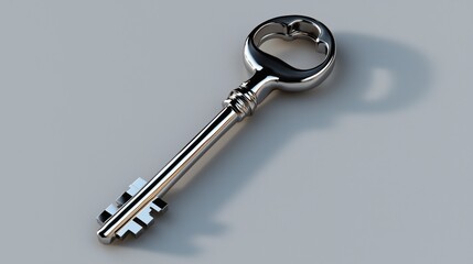 A shiny silver key resting on a smooth surface, symbolizing security, access, and hidden potential.