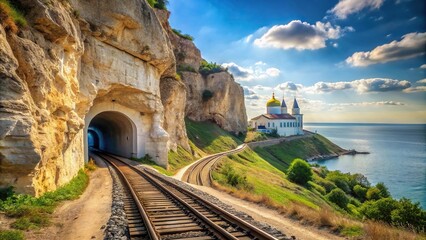 Historic Inkerman St Klimentovsky Cave Monastery and Kalamita fortress in Sevastopol, Ukraine
