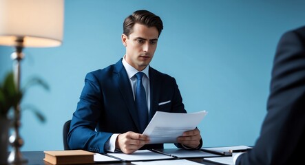 Serious young Caucasian lawyer in a suit reviewing documents against a light beige background