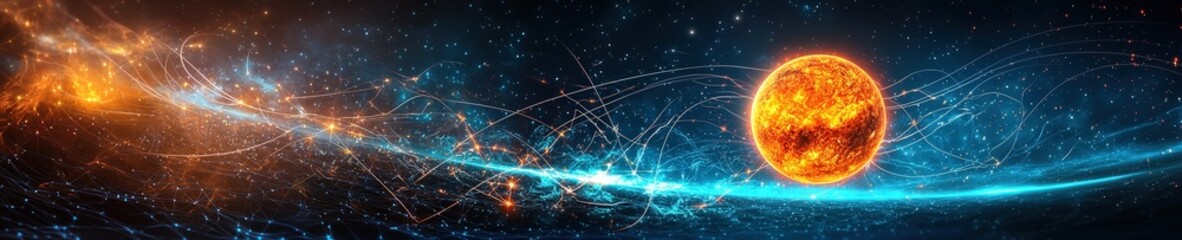 Stunning visualization of cosmic energy waves radiating from a glowing star, creating a vibrant and dynamic scenery full of colors and light.