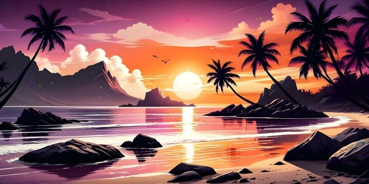 A tropical beach scene with palm trees silhouetted against a vibrant orange and purple sunset sky. The sun is setting over the ocean, creating a beautiful reflection on the calm waters. Rocks and boul