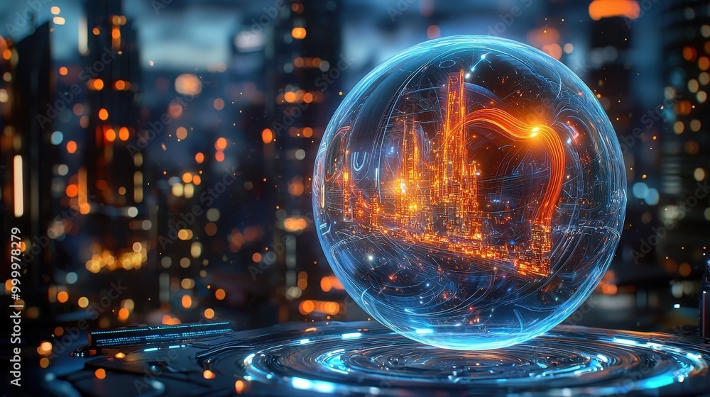 Poster a captivating futuristic city encapsulated within a glowing orb, showcasing advanced architecture an