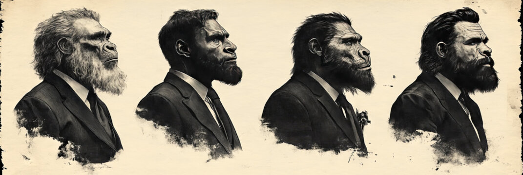 Four men in suits, a humorous take on human evolution.