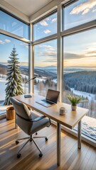 Obraz premium Modern workspace with a computer overlooking a mountain landscape at sunset