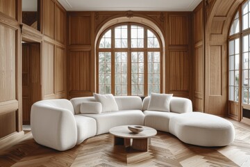 Light Wood Paneled Living Room with Curved Sofa and Arched Window