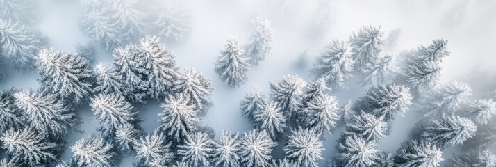 A serene snowy landscape featuring evergreen trees blanketed in white frost beneath a soft, cloudy sky.