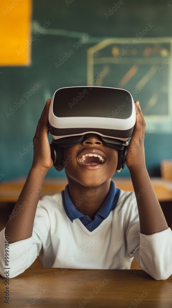 Poster young student experiencing virtual reality for the first time, laughing with joy as they explore a n