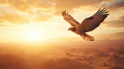 Majestic Eagle Soaring Above Golden Landscape at Sunrise