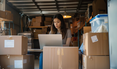 A woman works on a laptop surrounded by packed boxes in a storage area, focused on her task amidst the clutter.