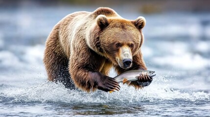 Obraz premium Grizzly Bear Fishing in Clear River Waters