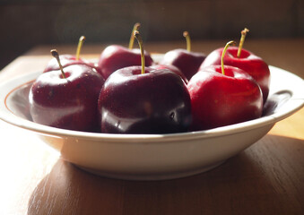 Plate of ripe plums in contrasting sunlight