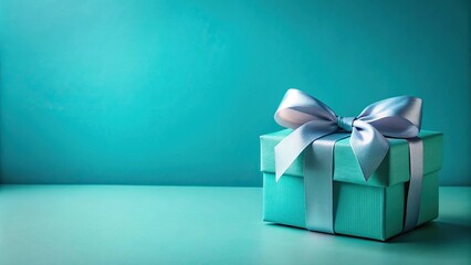Holiday or birthday gift box with bow ribbon on turquoise background bokeh, bird's eye view