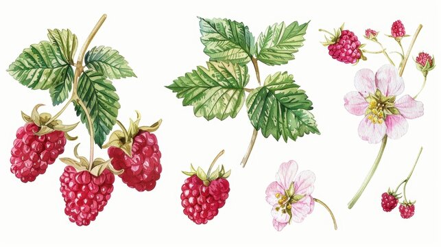 Watercolor drawing painting of rasberry plant fruit