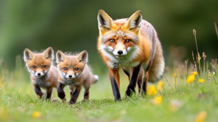 Obraz premium Family of Red Foxes in a Sunny Meadow