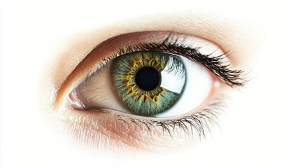 Obraz premium Mesmerizing close-up of a human eye with a striking green iris, golden sunflower-like pattern around the pupil, and delicate eyelashes on white background.