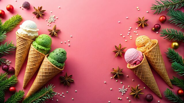 Holiday-themed ice cream delights on colorful background with minimalist style