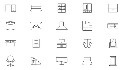 Furniture line icon set. Kitchen, bedroom, sofa table, bookcase closet, chair, mattress, lamps,  living room, Sofa, cabinet line icon set. UI thin line icon pack.