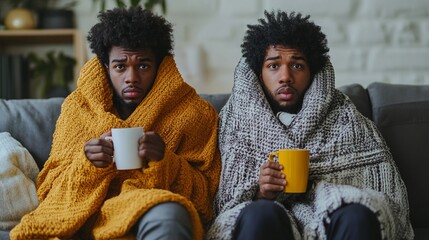 Two men bundled up in cozy blankets on a sofa, holding mugs and looking cold and unamused. The contrast of their expressions with the warm setting creates a humorous scene.