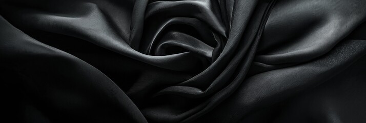 A smooth and detailed image of flowing black silk fabric, showcasing elaborate folds and rich texture, symbolizing elegance.