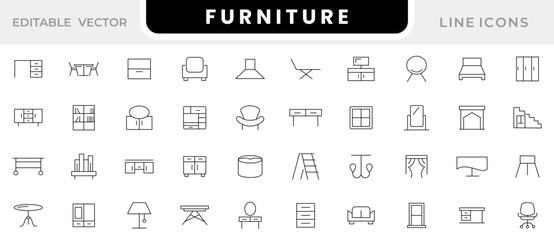 Furniture line icon set. Kitchen, bedroom, sofa table, bookcase closet, chair, mattress, lamps,  living room, Sofa, cabinet line icon set. UI thin line icon pack.