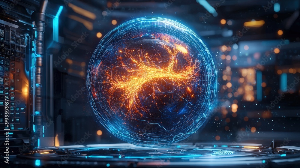 Poster dynamic digital sphere featuring a radiant network design with glowing lines and futuristic elements