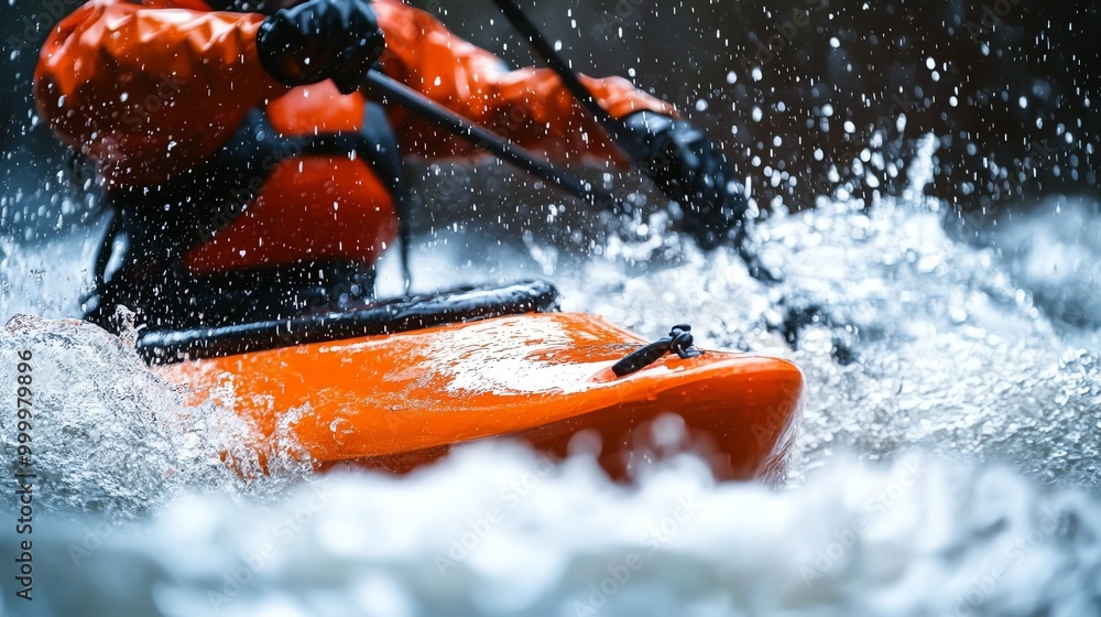 Sticker A person kayaks down a fast-moving river.