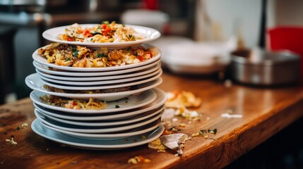 A Tall Stack of Dirty Dishes, Piled Plates and Messy Utensils Highlighting the Aftermath of a Hearty Meal and Busy Kitchen
