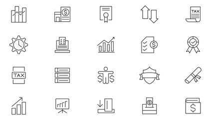 Accounting line icon set. Containing workload, motivation, expectation, goal, recognition, appreciation, Taxes, audit, finance, money, and business line icon set. UI thin line icon pack.