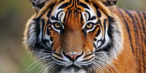 Fototapeta premium Magnificent tiger staring intensely straight ahead, surrounded by a lush green forest, symbolizing strength and focus.