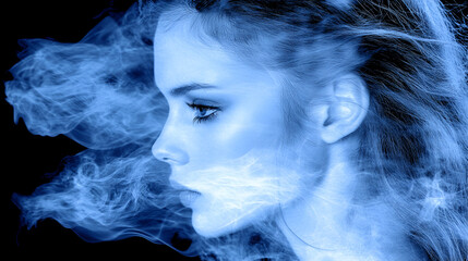 A profile view of a young woman with flowing hair surrounded by swirling blue smoke against a dark background