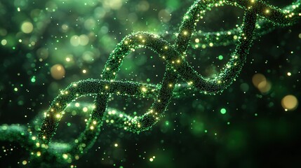 DNA double helix in green color on a dark background with a bokeh effect