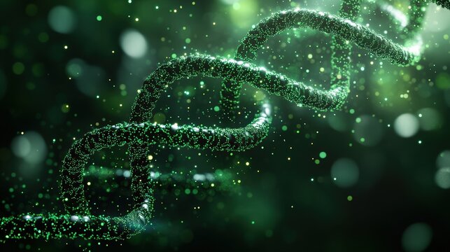 DNA double helix in green color on a dark background with a bokeh effect