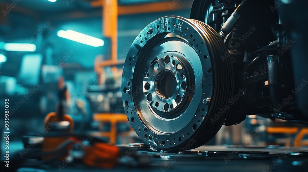 Poster close-up of a mechanical part in a workshop, highlighting precision engineering.