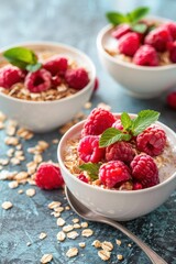 Breakfast cereal with milk yogurt and raspberry