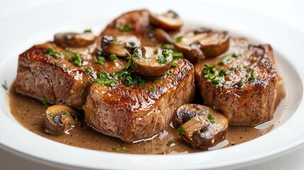 Three pieces of meat with mushrooms and sauce on a white plate.