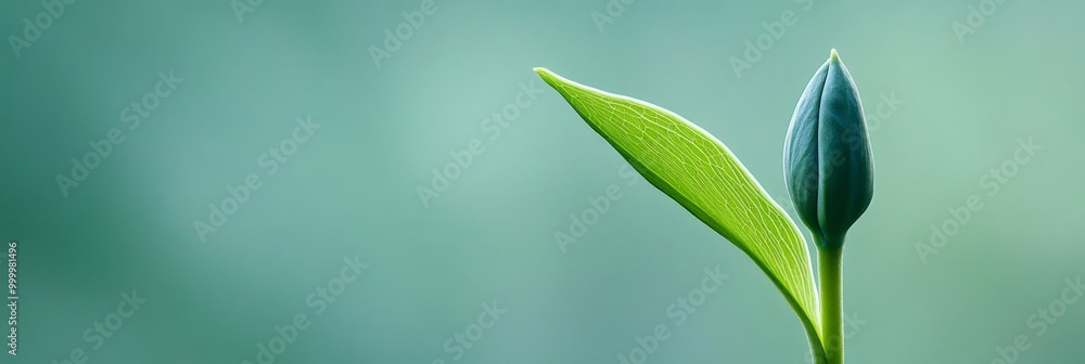 Poster a close-up view of a single green leaf next to a budding sprout. the image captures the delicate nat