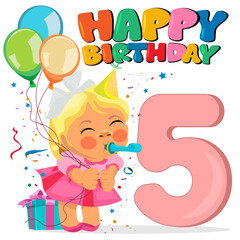 Girl on her birthday with a gift and the number five