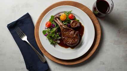 Top view of roast beef spicy covered in demi-glace gravy with mashed potatoes on a plate Churrasco on copy space plate isolated on a white background
